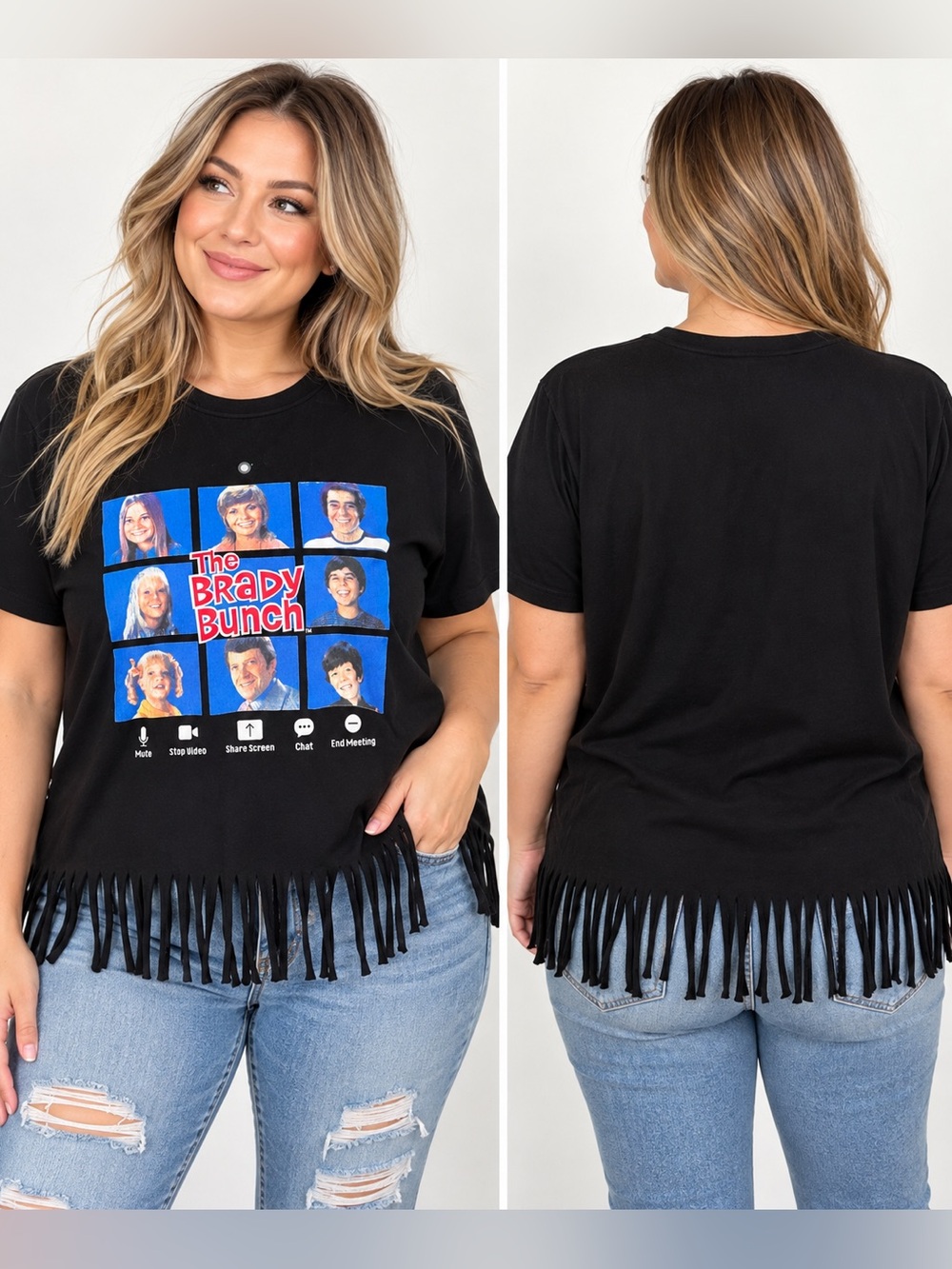 The Brady Bunch 2021 Zoom Graphic Fringe T-Shirt Black 2X CBS Retro TV